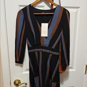 Zara Women's Long Sleeve Striped Dress - Black, Brown, Blue